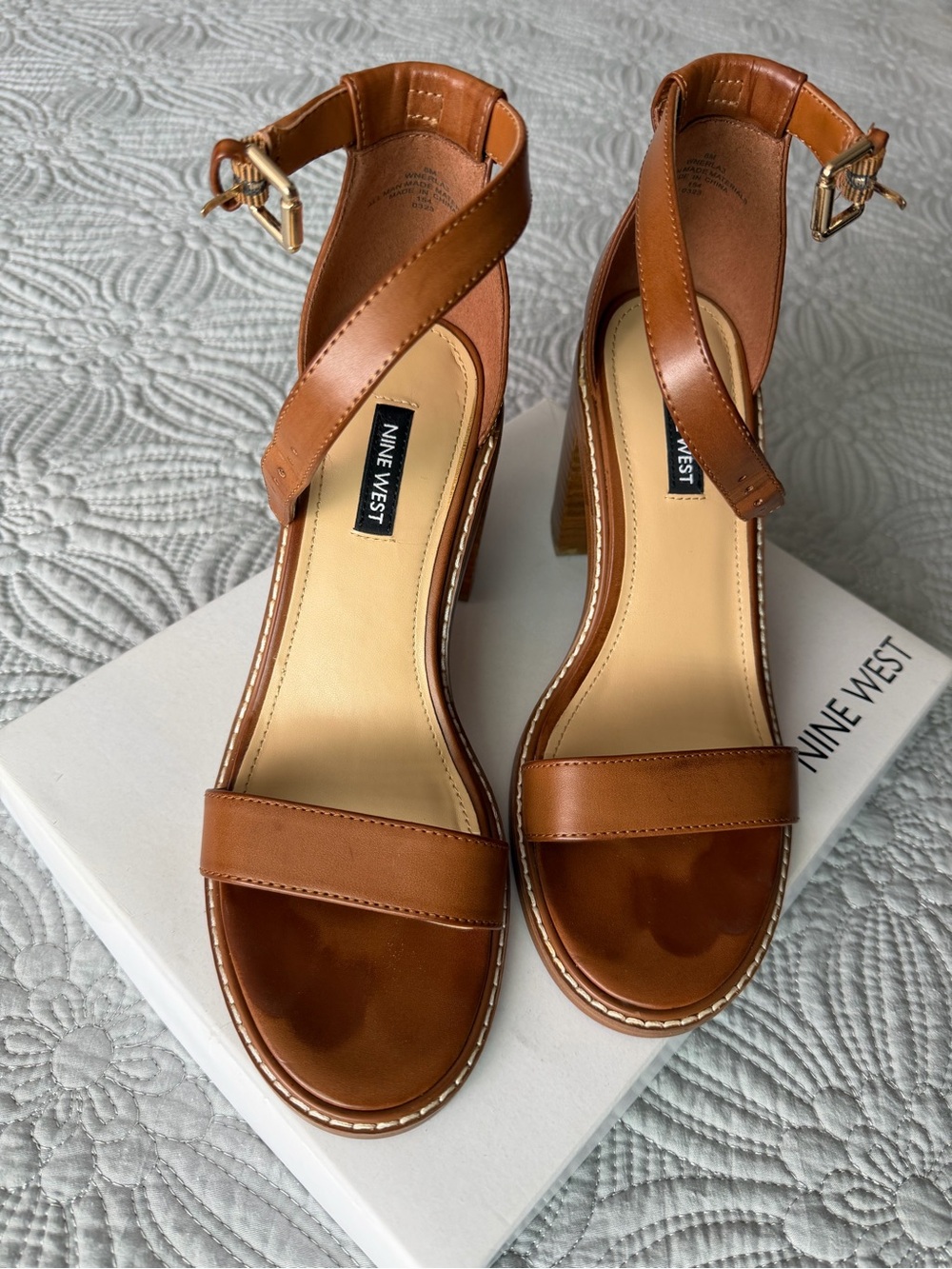 Nine West Tan Leather Ankle-Strap Block Heel Sandals